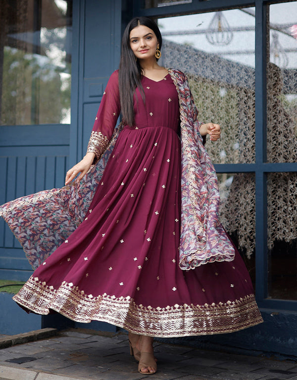 Designer Party Wear Heavy Readymade Gown With Dupatta Collection Purple Faux Blooming Georgette Gown Front View